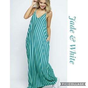Jade & White Striped 🌞 Maxi Sundress